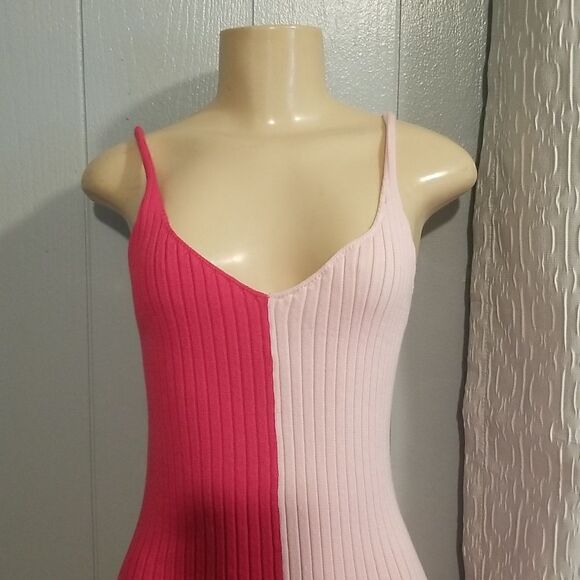 Women's 2023 Bodycon Midi Dress Colorblock Ribbed Knit Dress Pink med nwot - Picture 5 of 11